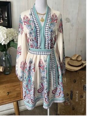 Boho V-Neck Long Sleeve Dress in Cream with Teal & Pink Paisley